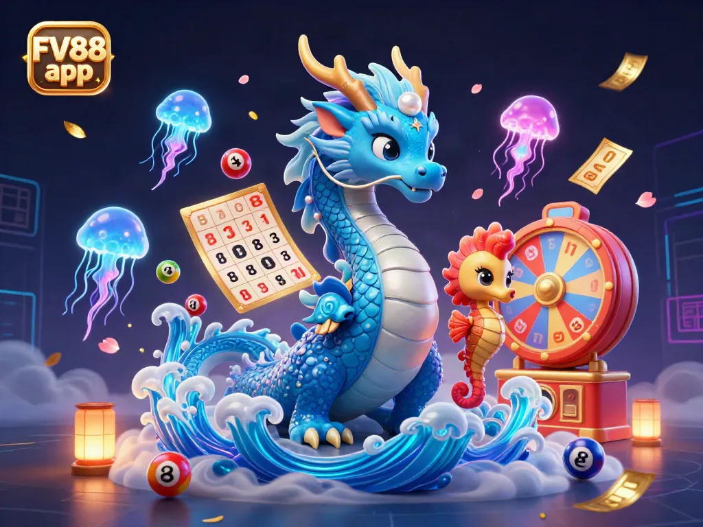 Experience the vibrant FV88 app world with dragon, knight, and glowing jellyfish in dynamic action.