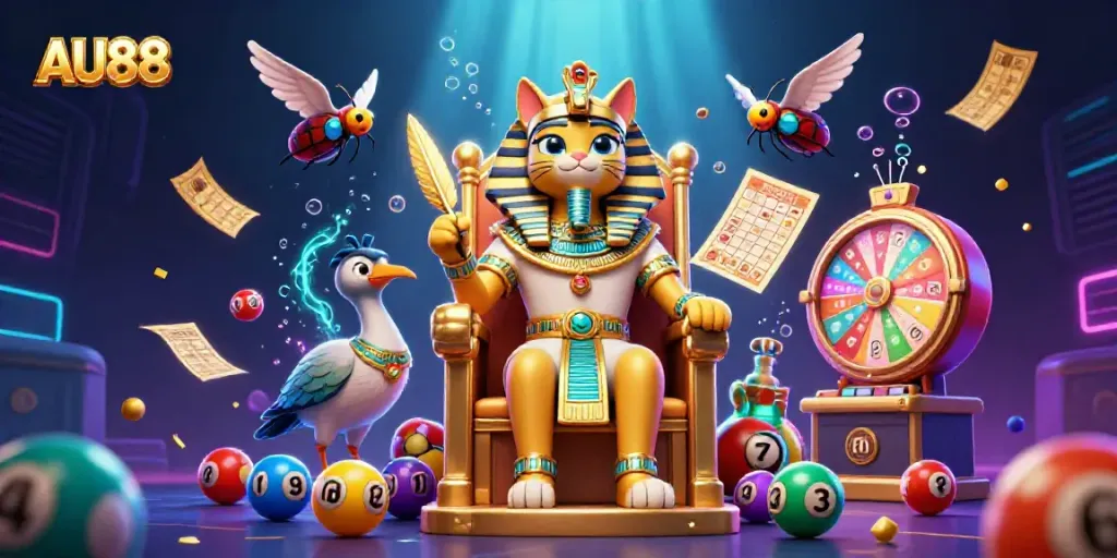 Experience exciting gaming thrills with AU88's vibrant 3D casino illustration, featuring dynamic lottery elements.