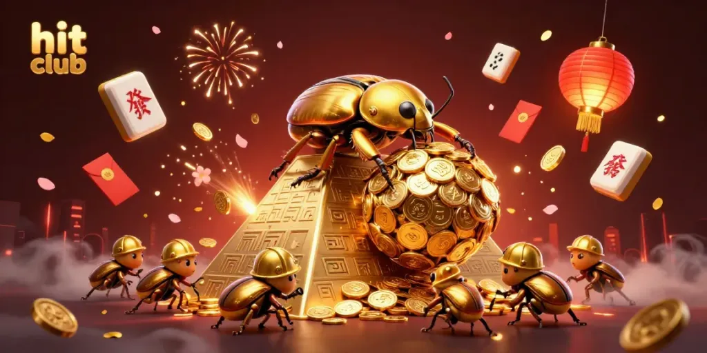 Engage in the hit club casino experience with a golden beetle rolling coins amidst a rich, vibrant scene.