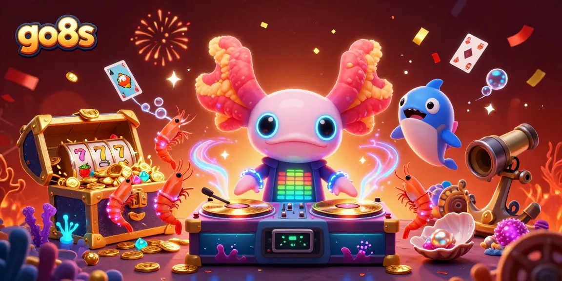 Experience the vibrant action of go8s with a neon-colored axolotl DJ, underwater gems, and exciting slot game elements.