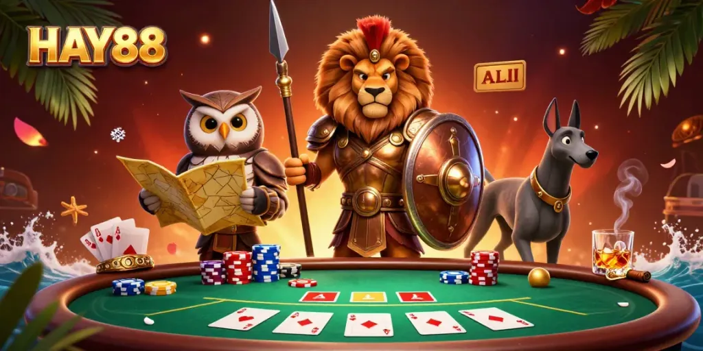 Play thrilling casino games at HAY88 with a vibrant 3D illustration showcasing a Spartan lion and poker elements.