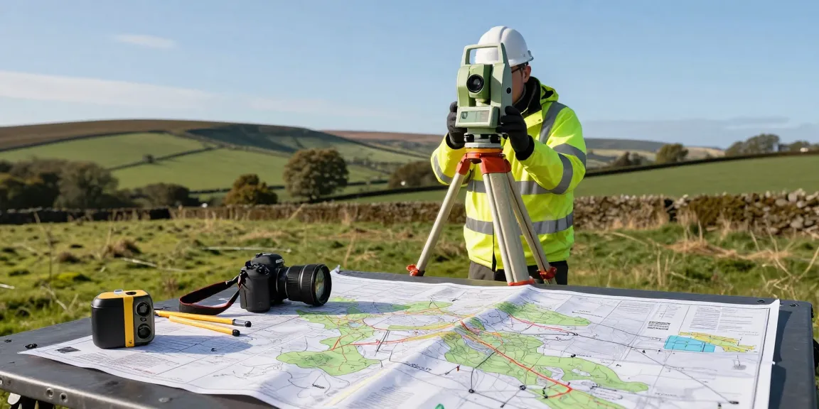 Topographic mapping in action as a surveyor captures land data with advanced equipment in the UK countryside.