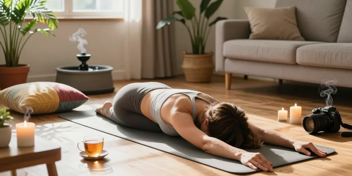 A woman practicing yoga to ridurre lo stress in a peaceful home environment with plants, candles, and soothing decor.