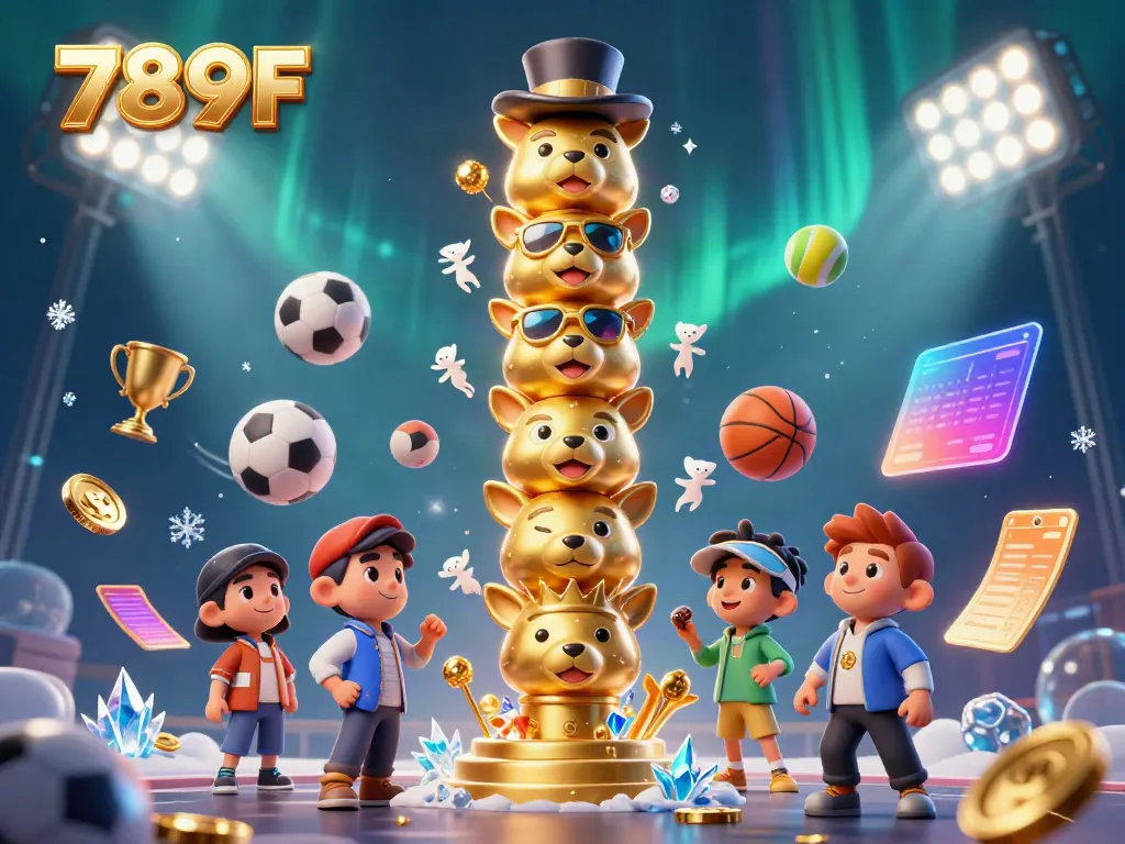 Experience thrilling gameplay with characters from 789F, surrounded by dynamic sports betting elements and winning trophies.
