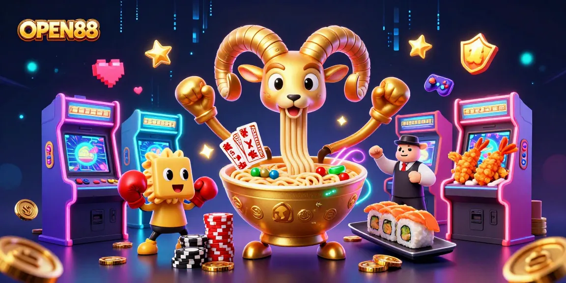 Showcase engaging casino action with OPEN88 featuring a vibrant ramen bowl character dealing cards and stacking chips.