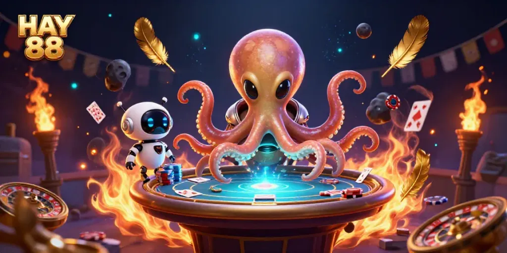 A vibrant scene displaying the HAY 88 alien octopus engaging with holographic poker gameplay and dynamic casino elements.