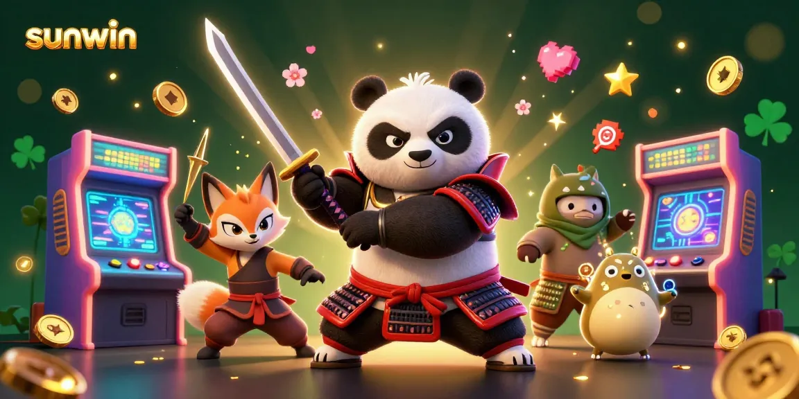 Score big with sunwin in this vibrant 3D casino scene featuring animated characters and glowing gaming elements.