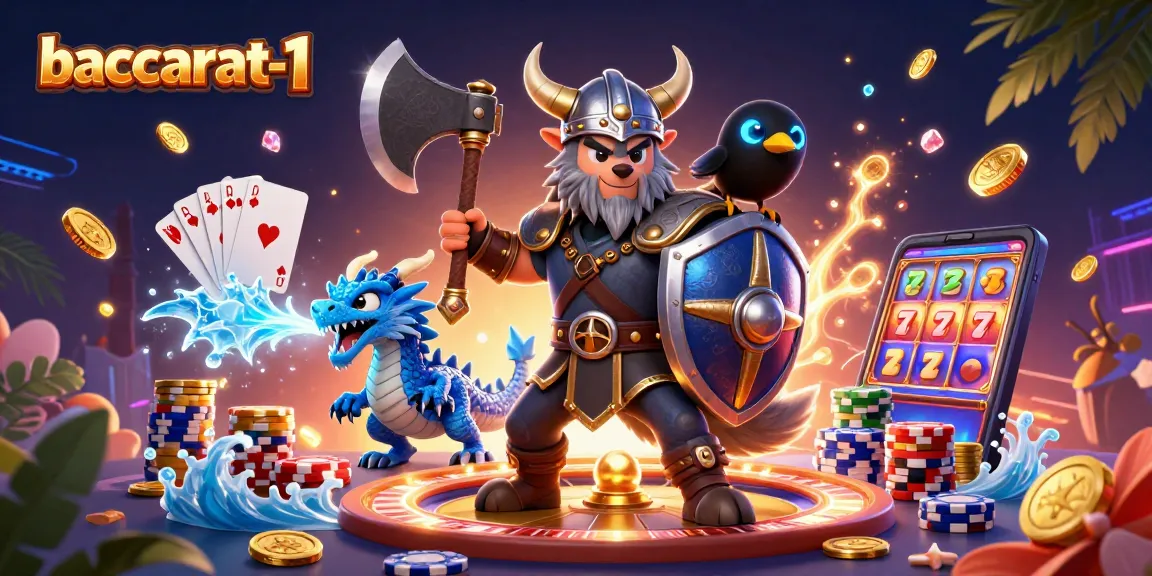 Engage with baccarat-1’s thrilling online gameplay featuring a Viking warrior, dragon, and dynamic casino elements.