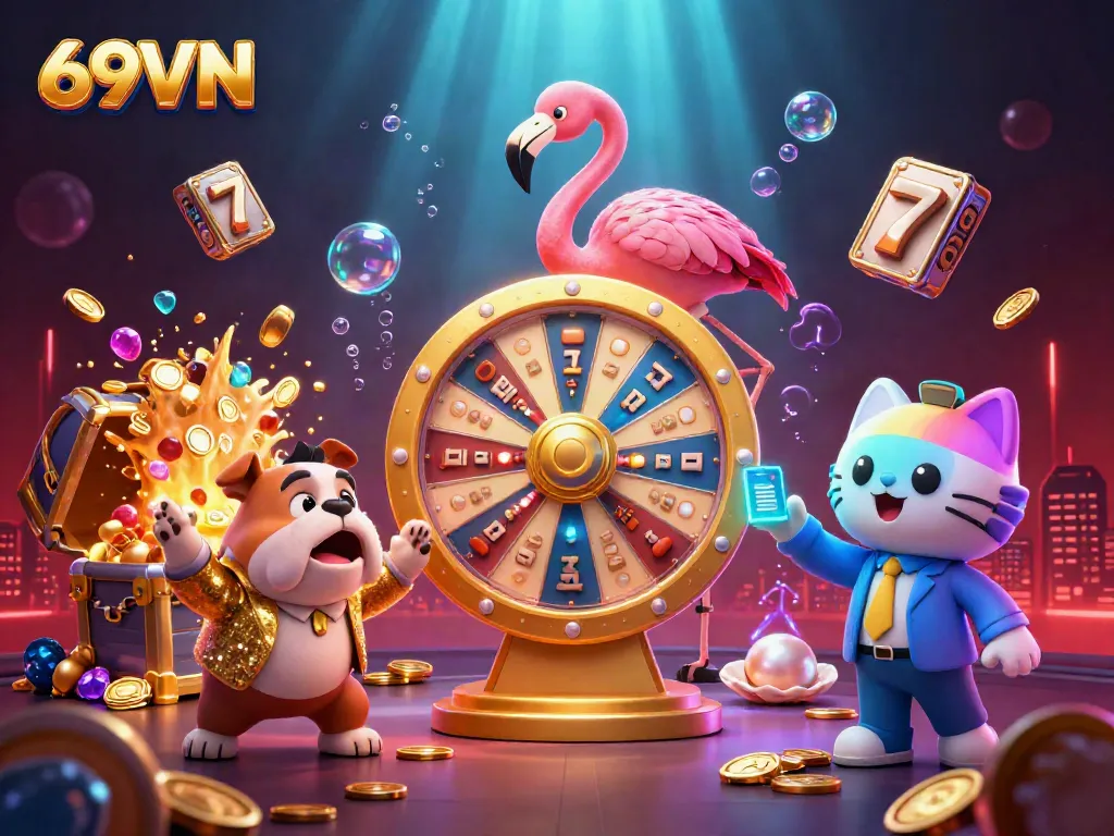 Engage with thrilling games at 69VN, featuring a lively scene of gaming action with jackpots and vibrant colors.