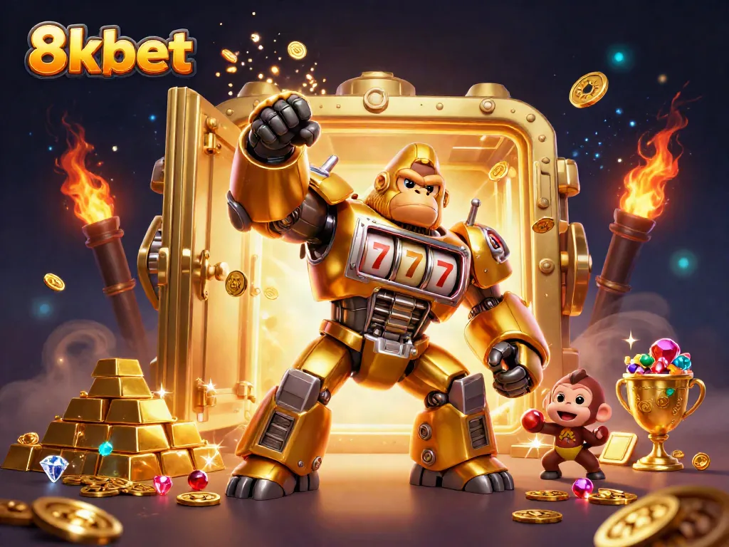 Engage with excitement at 8xbet as a golden gorilla mech celebrates wins amidst treasures.