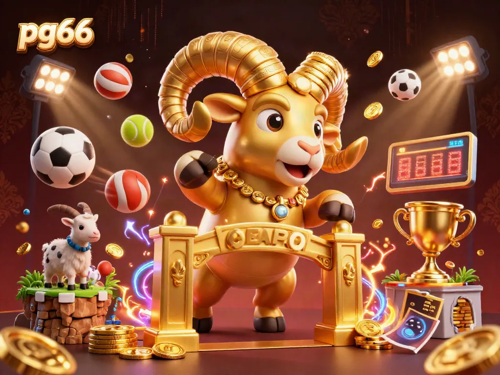Engaging PG66 gambling scene featuring golden ram charging, sports elements, and vibrant casino energy.