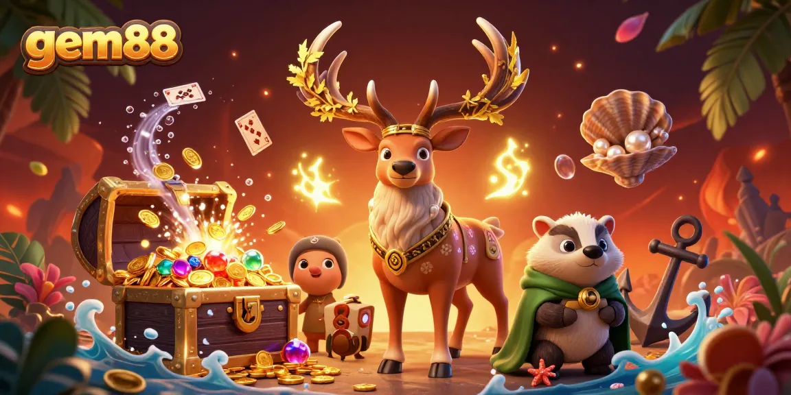 A dynamic illustration of gem88 showcasing a Celtic druid stag and badger in a vibrant casino scene.