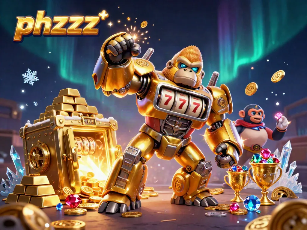 Experience the excitement of phzzz with our dynamic golden gorilla mech illustration.