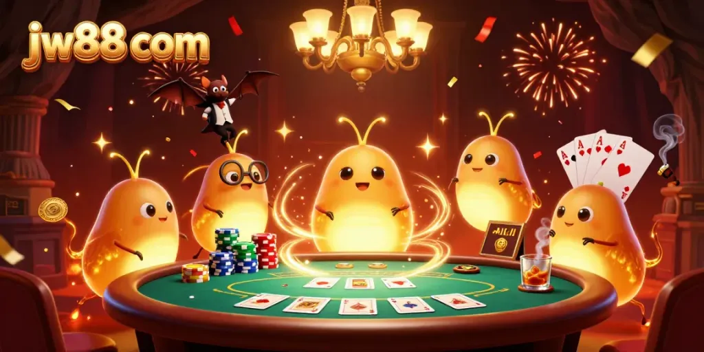 Experience the thrill of jw88 com with glowworms illuminating a vibrant casino scene filled with poker action.