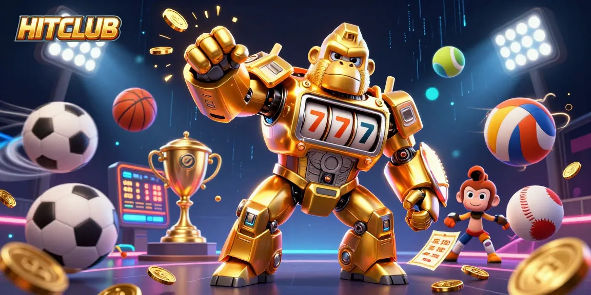 HITCLUB's explosive gaming world illustrated with golden mech and dynamic sports elements.