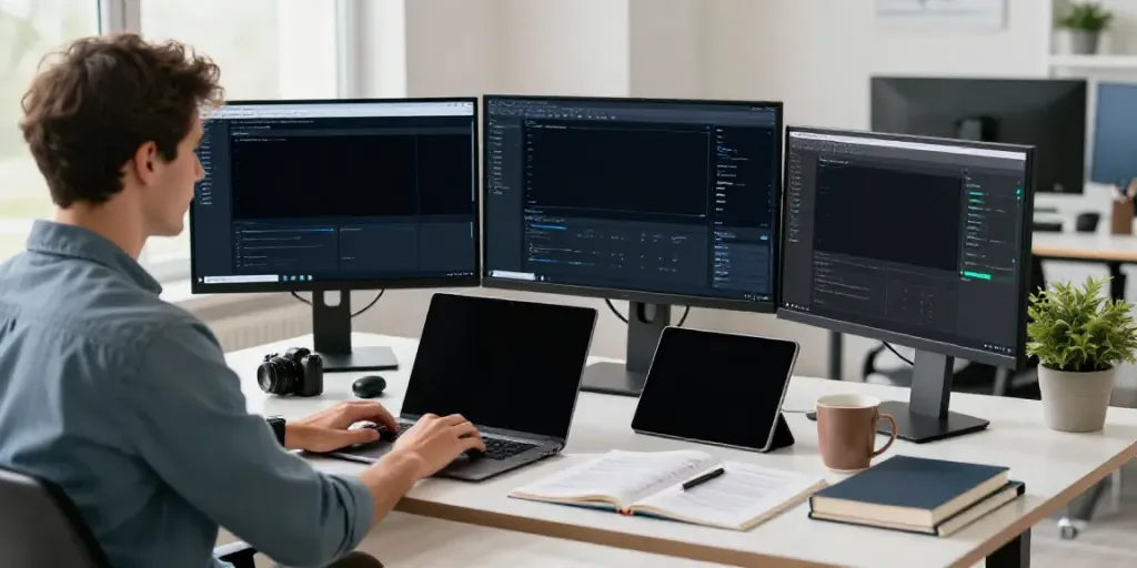 Developer analyzing footprint-free hosting metrics at a modern tech workspace.