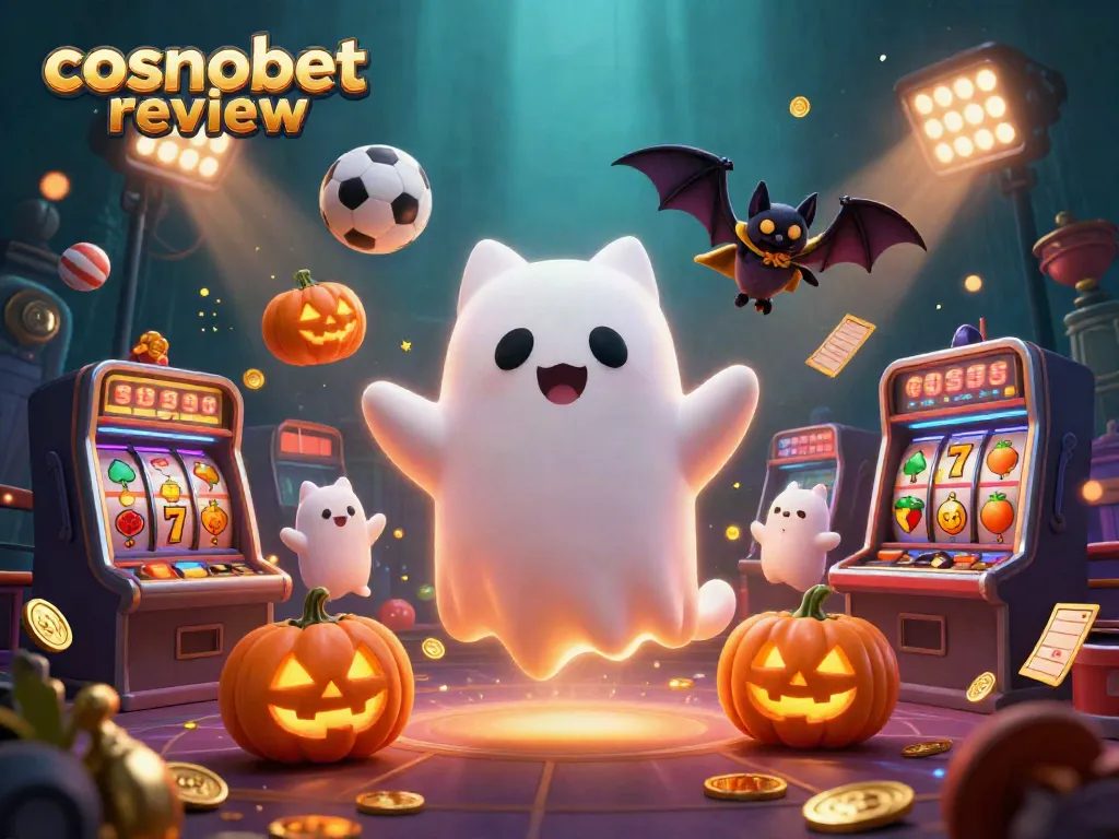 Catch the thrills with this vibrant cosmobet review illustration featuring a ghostly kitty in a haunted casino.