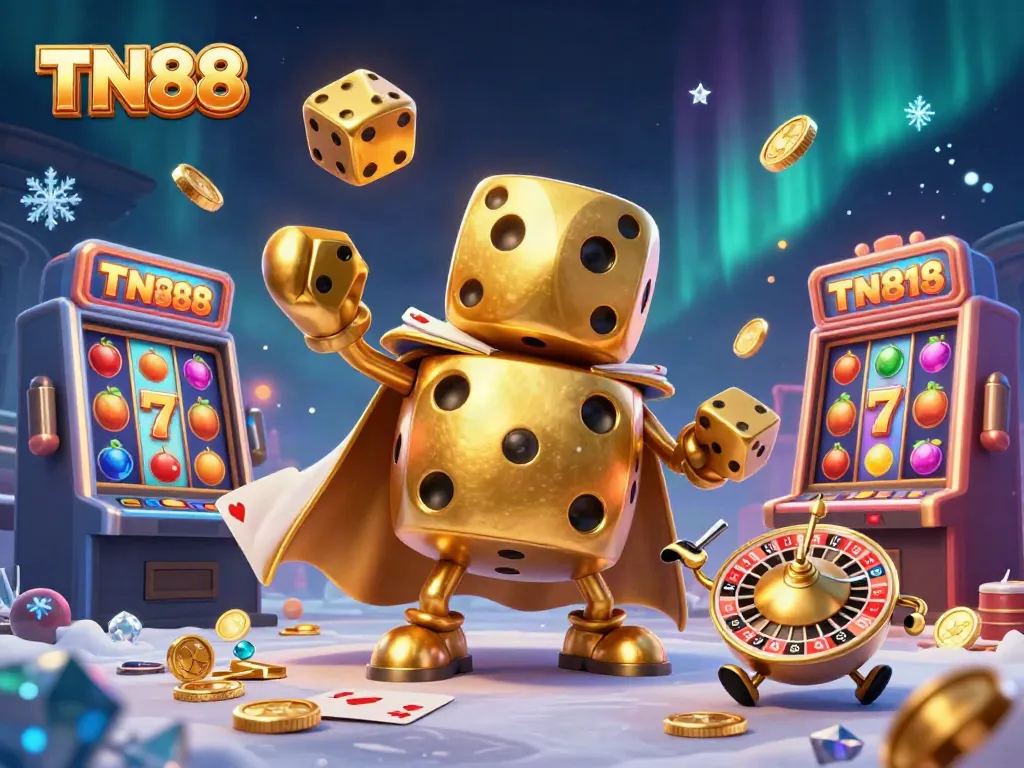 Experience the excitement of TN88 with a vibrant casino scene featuring a dynamic golden dice golem and slot machines.