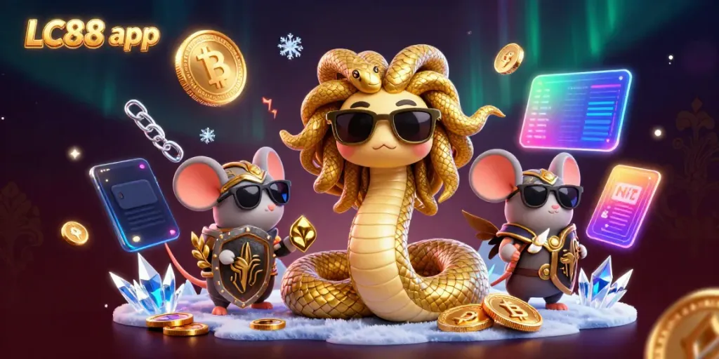 Experience the excitement of the LC88 app with a vibrant casino-themed 3D illustration featuring Medusa, a warrior mouse, and cryptocurrency elements.