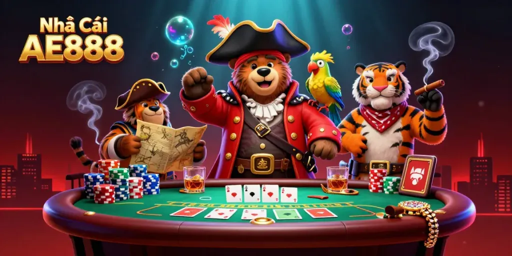 Experience the thrill of gaming with Nhà Cái AE888 featuring dynamic casino elements, colorful chips, and lively characters.