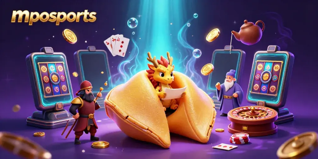 Engage in mposports themed gambling with vibrant visuals of fortune cookies and slot games.