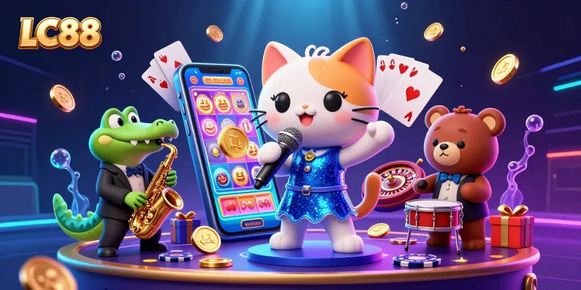 Experience the excitement of LC88 with vibrant characters and casino games in this dynamic digital illustration.
