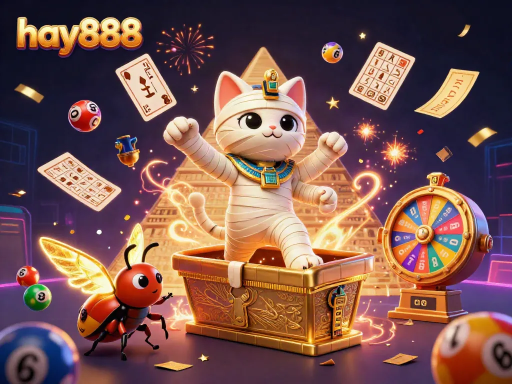 Experience excitement at hay888 with a 3D Egyptian mummy cat in a vibrant casino setting.