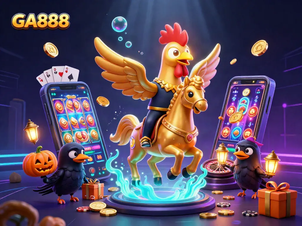 Enter the thrilling realm of GA888 with this vibrant casino illustration depicting a golden rooster leading a spectral journey.
