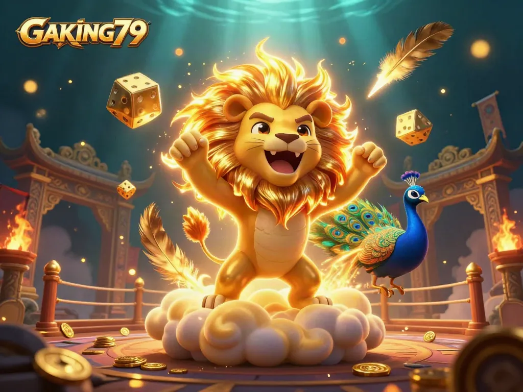GAKING79’s vibrant casino illustration showcases a roaring lion and golden dice against a dramatic backdrop.