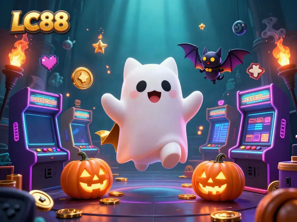 LC88 cat ghost in a haunted casino, engaging in colorful gaming with bright arcade elements.