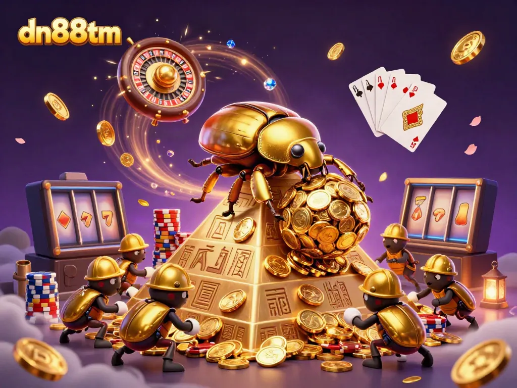 Unleash winning strategies with dn88tm's golden casino adventure featuring 3D beetles and symbols.