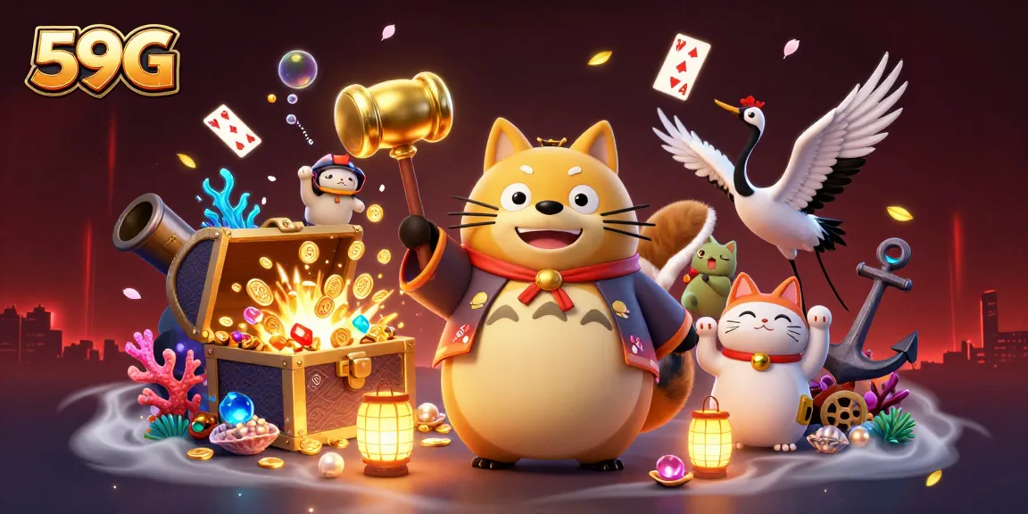 Engage with 59G's vibrant casino experience featuring 3D tanuki, samurai crane, and colorful maneki-neko