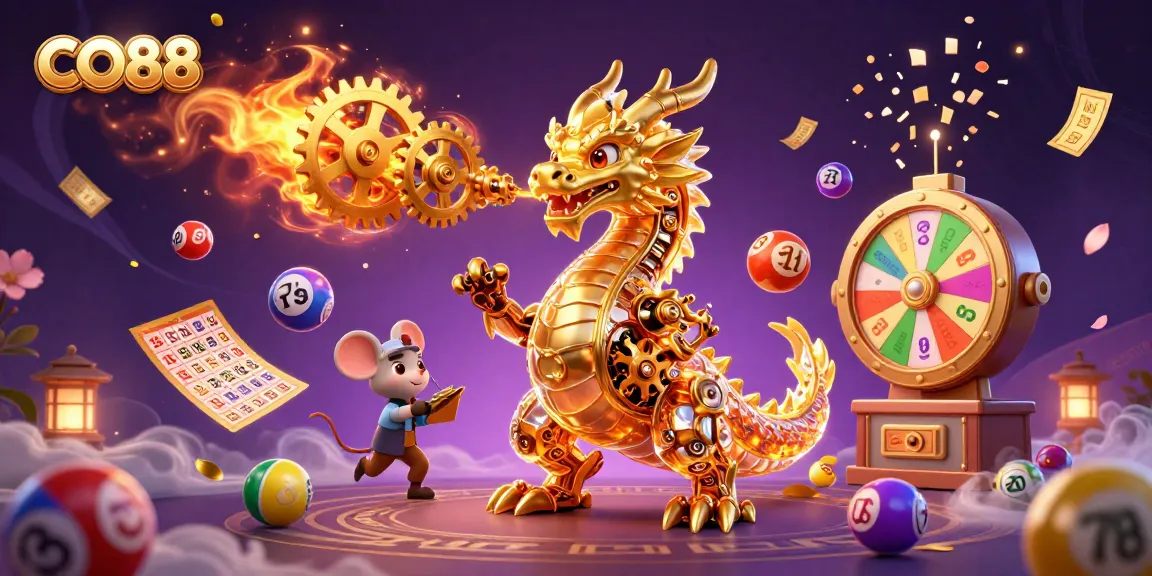 Experience the excitement of CO88 with a golden dragon breathing gears in a vibrant lottery scene.