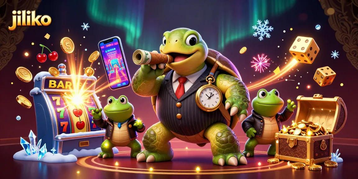 Win big with jiliko: a vibrant 3D casino scene featuring a whimsical turtle and frog enforcers.