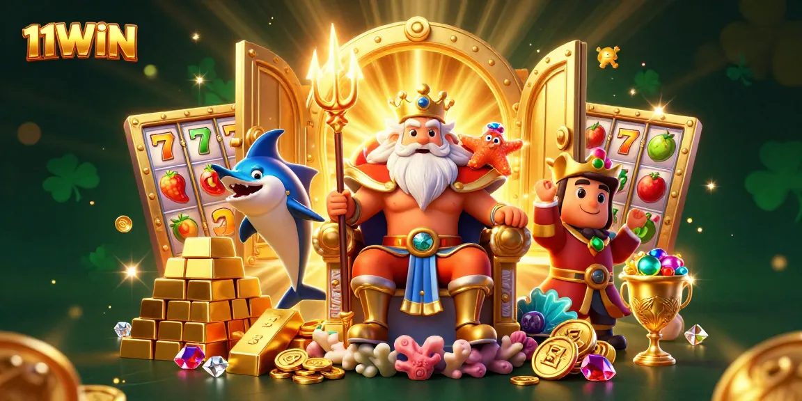 Experience the thrills of 11WIN with Neptune and treasures in a vibrant casino scene.
