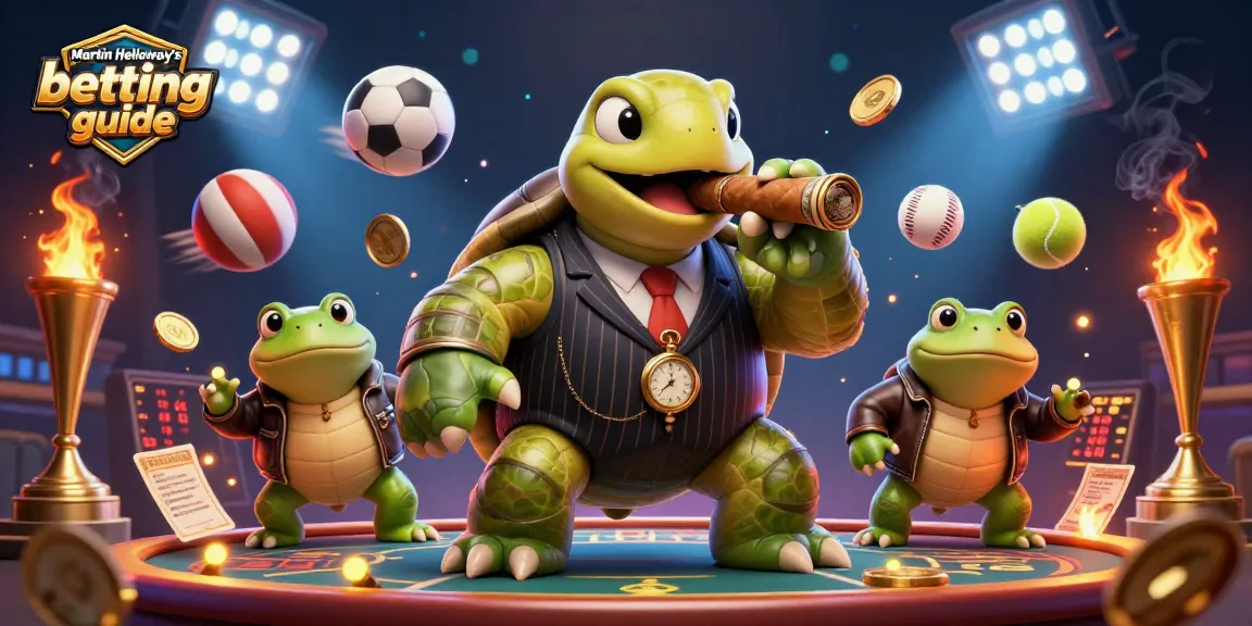 Martin Holloway’s betting guide featuring a cartoon snapping turtle in a suit with bullfrog enforcers, set in a vibrant casino atmosphere.