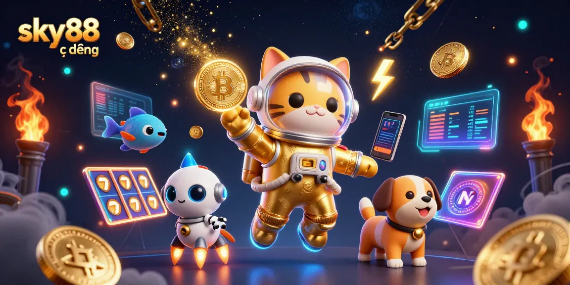Engage in thrilling gameplay at sky88 trực tiếp with vibrant 3D illustration showcasing a golden astronaut cat and crypto elements.