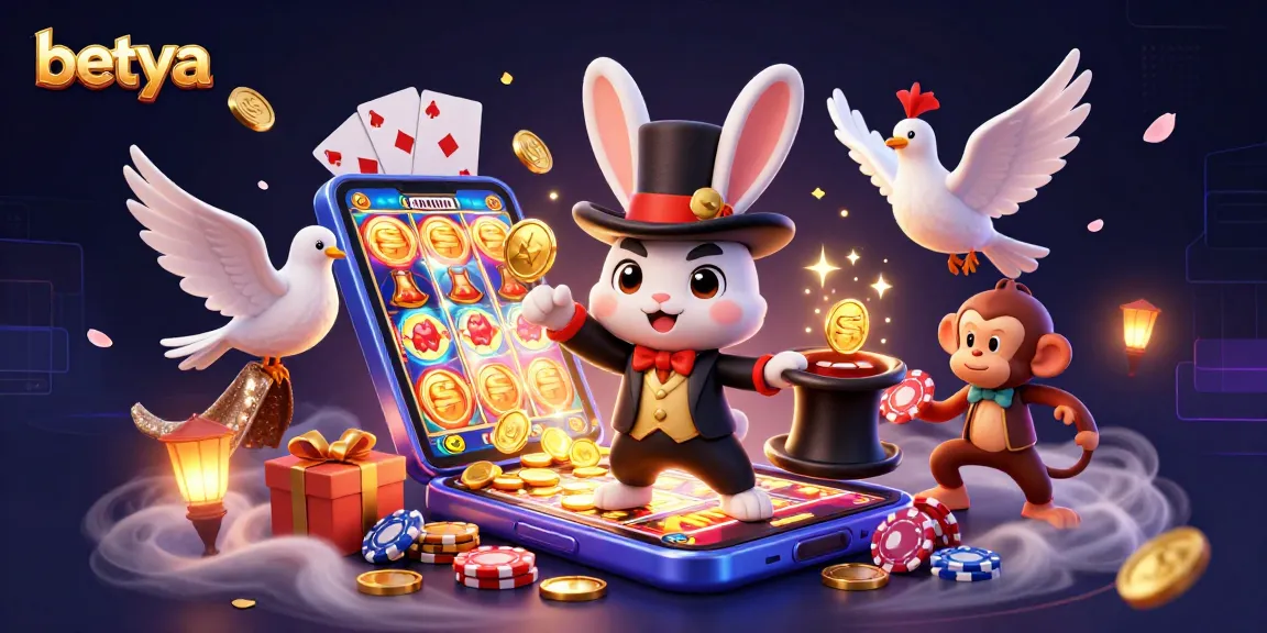 Engage with betya's thrilling magical casino scene featuring a rabbit, dove, and monkey in action.