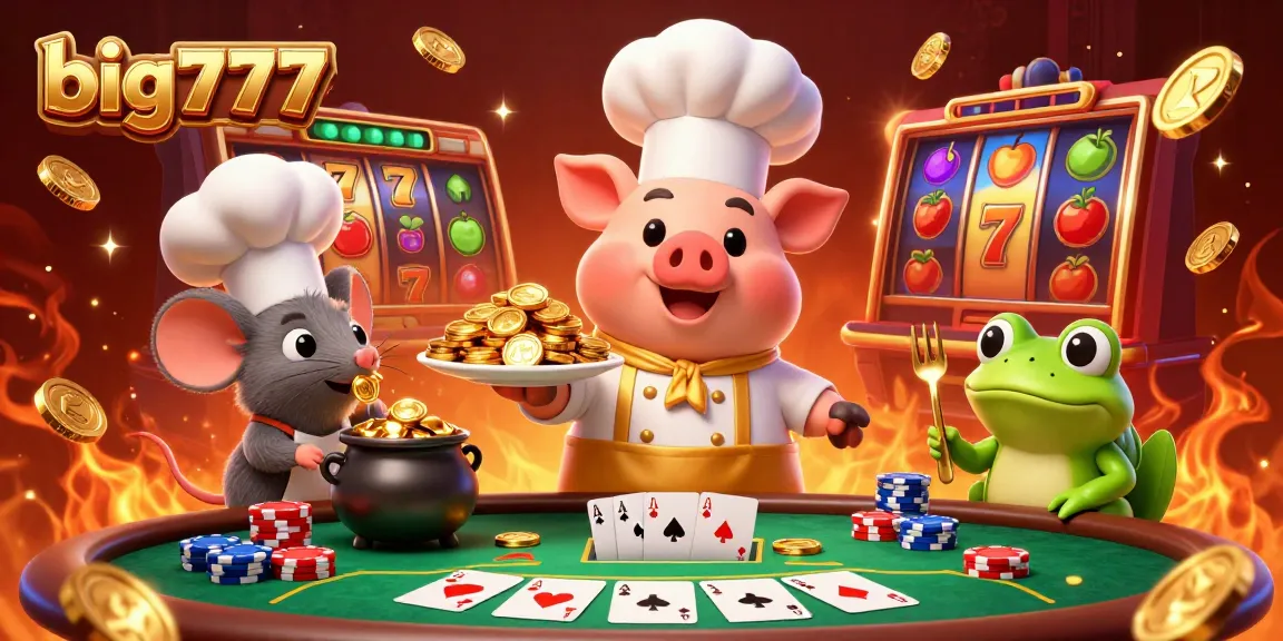 Spin big777 and win! A chef pig serves gold coins in a vibrant casino scene.