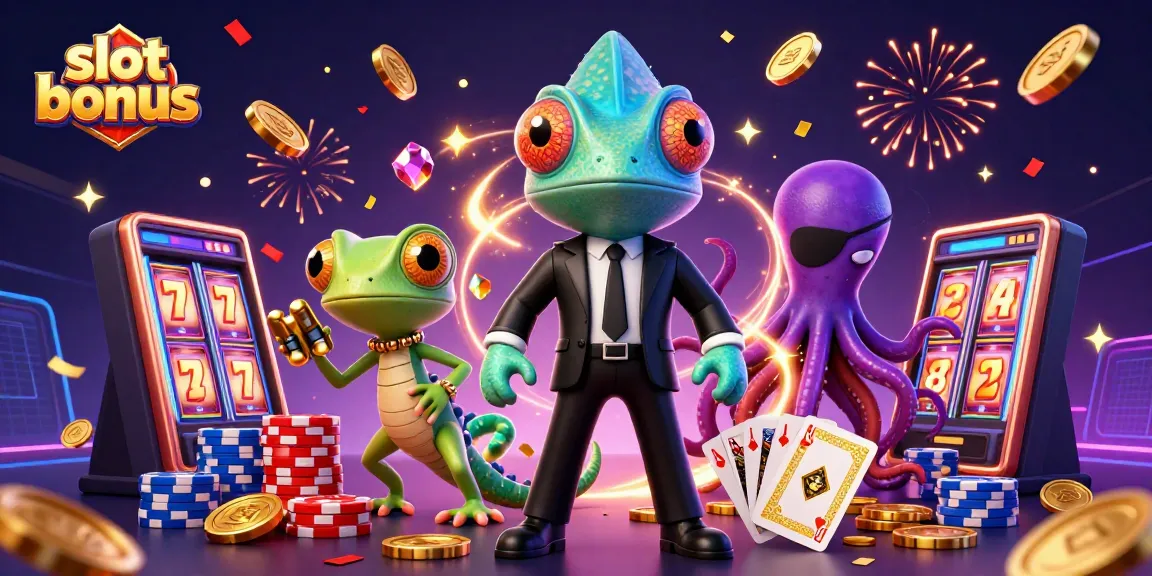 Menangkan slot bonus dengan karakter kasino menarik yang dikelilingi koin emas dan simbol keberuntungan.