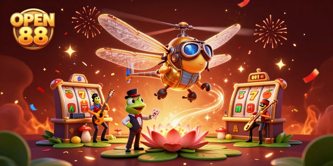 Experience thrilling gameplay at OPEN 88 with a frog croupier and dragonfly pilot in vibrant casino scene.