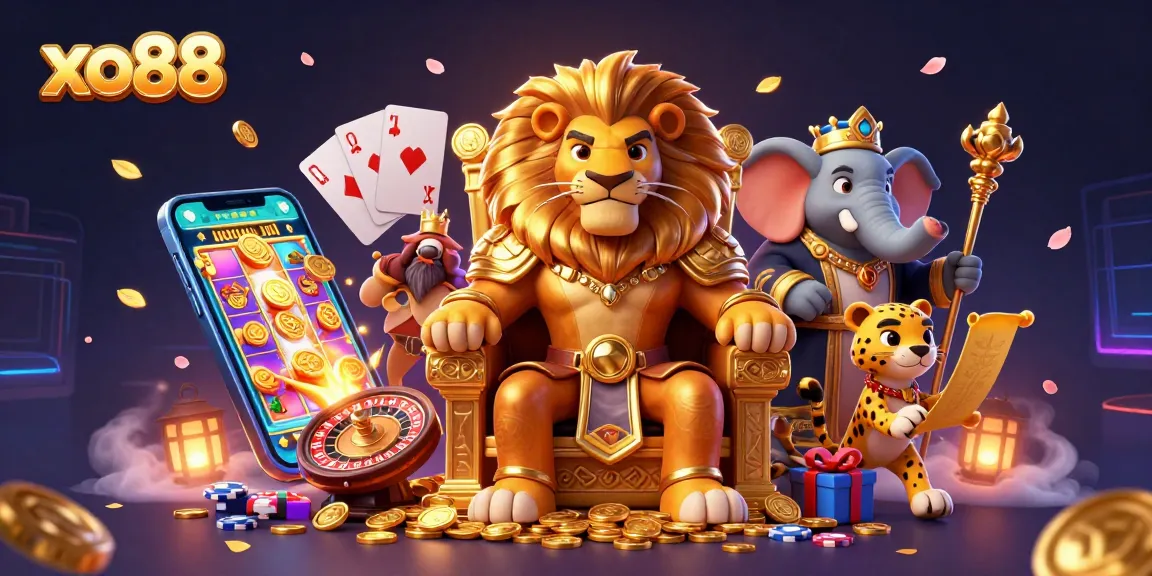 Engage with xo88's thrilling casino experience featuring a majestic lion king, a wise elephant, and a racing cheetah.