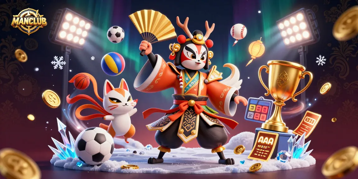 Experience thrilling wins at MANCLUB with dynamic sports-themed casino elements surrounding a kabuki warrior