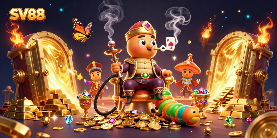 SV88 illustration showcasing a massive caterpillar hookah-master amidst dazzling casino treasures, rich in color.