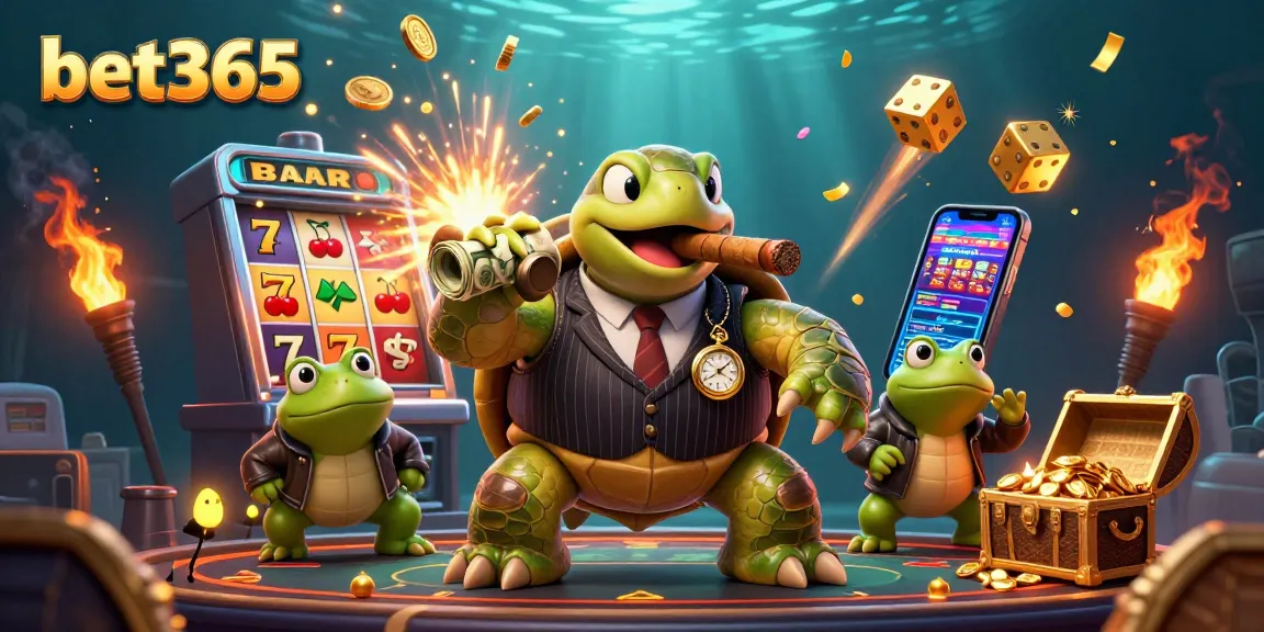 Experience winning with bet365 at a vibrant slot machine scene featuring a turtles in suits and gold treasures.