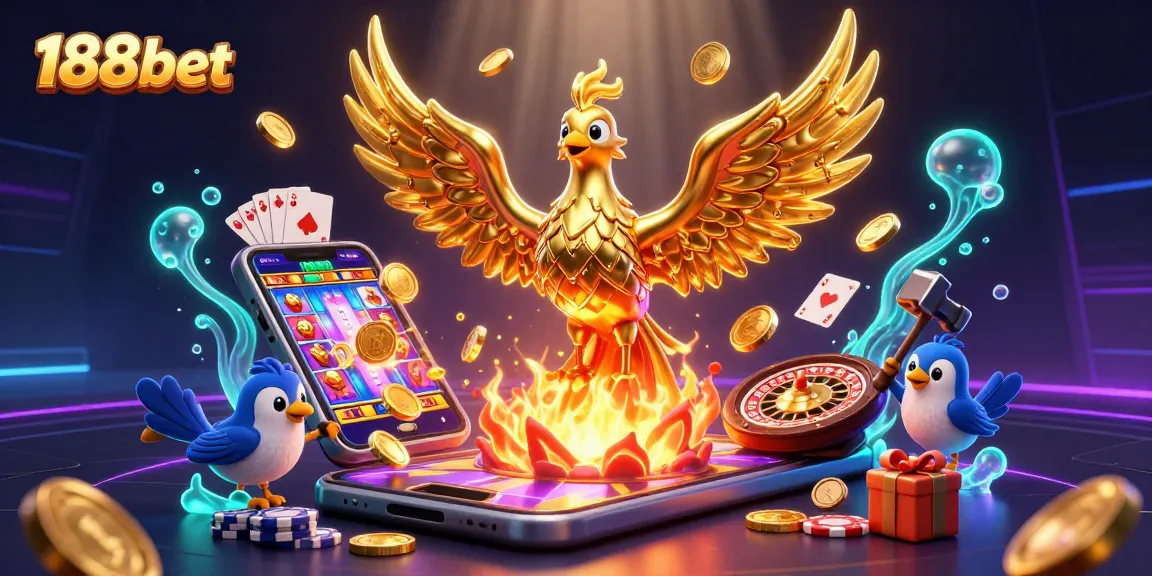 Engage with thrilling slots at 188bet, featuring a golden phoenix and vibrant casino elements.