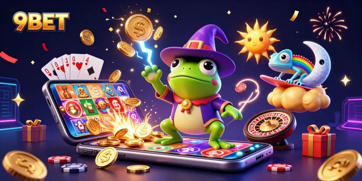Engage with 9BET's thrilling casino atmosphere, featuring vibrant characters and dynamic elements.
