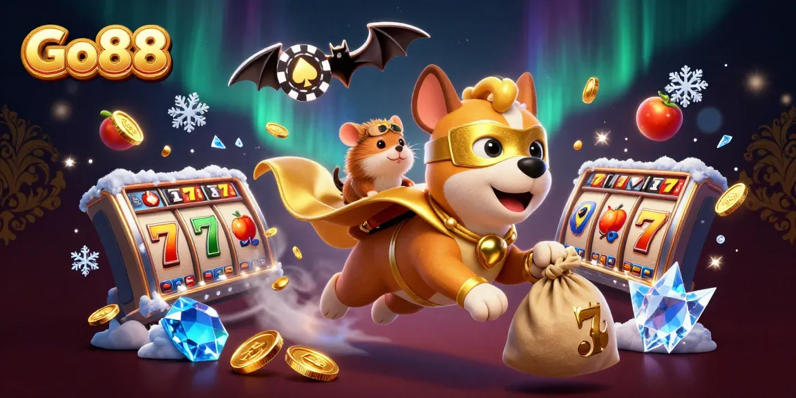 Experience exciting game play at Go88 with a superhero dog and hamster in an epic 3D illustration.