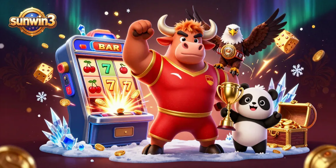 sunwin3 celebrates jackpots with a bull mascot, eagle, and panda in a vibrant casino scene.
