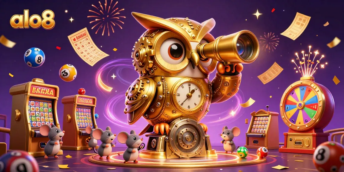Experience the exciting world of alo8 with a clockwork owl in a vibrant casino scene filled with games and prizes.